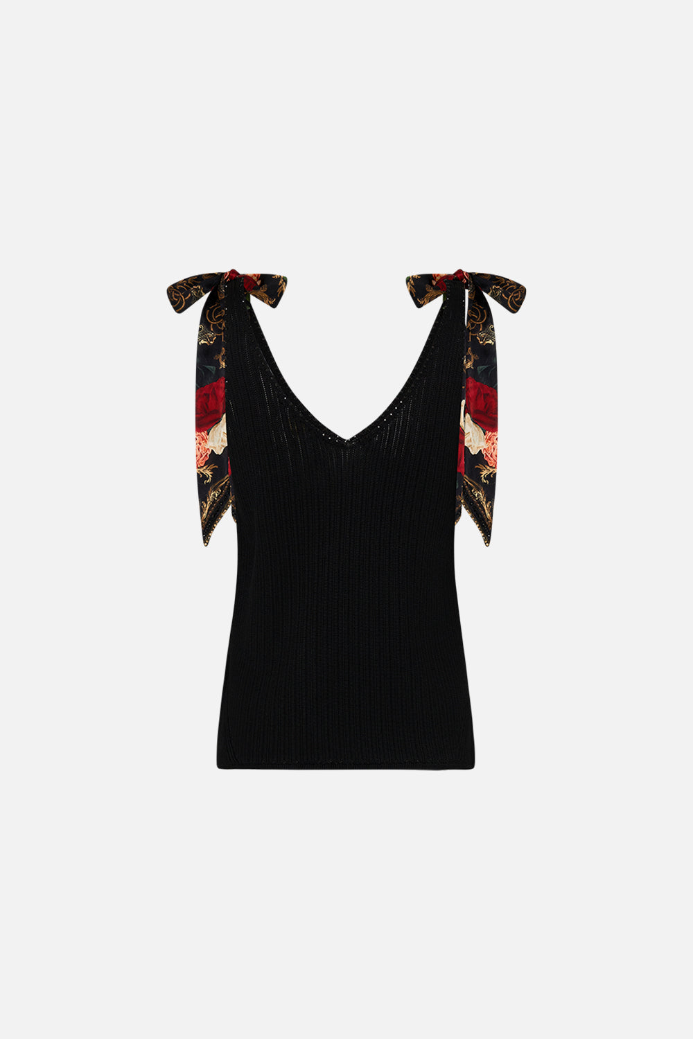 CAMILLA Black Knit Top with Silk Bow Detail in Magic in the Manuscripts print
