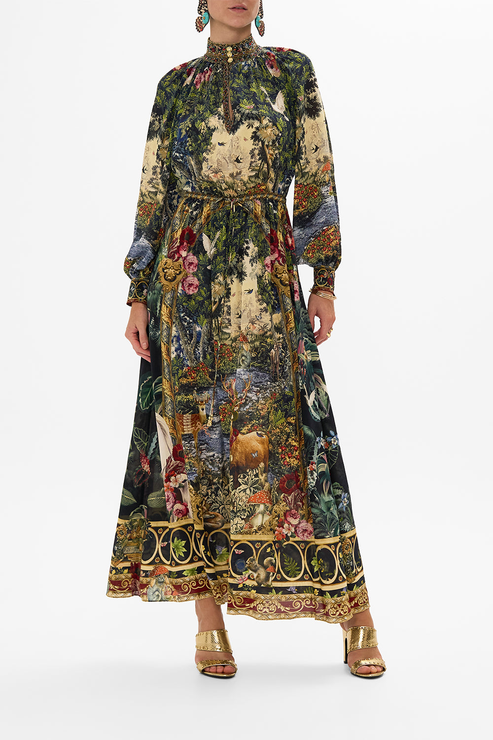 CAMILLA Floral Drawcord Waist Long Dress in Tapestry Totems