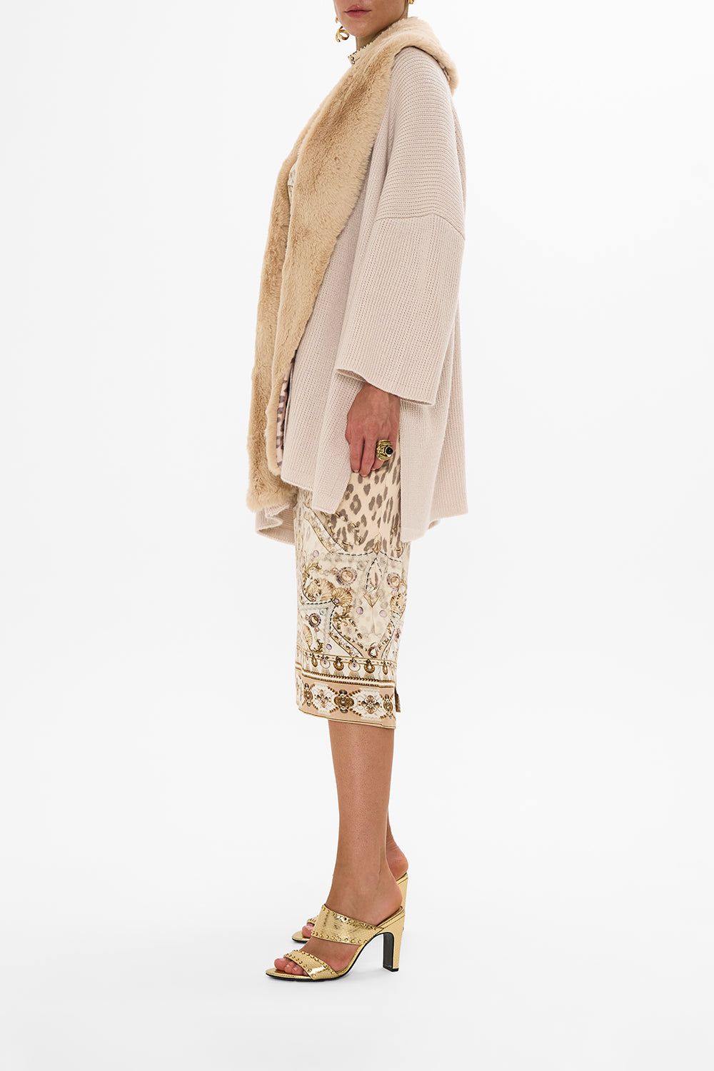 CAMILLA blush knit relaxed layer with faux fur in Grotto Goddess print.