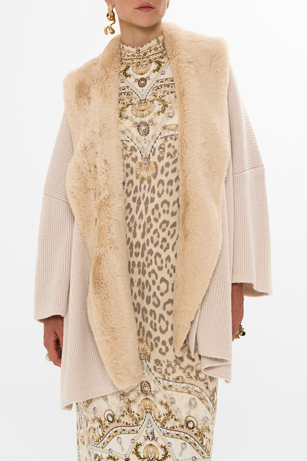 CAMILLA blush knit relaxed layer with faux fur in Grotto Goddess print.