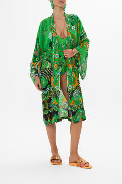 CAMILLA Green Mid Length Kimono Layer with Collar in Good Vibes Generation