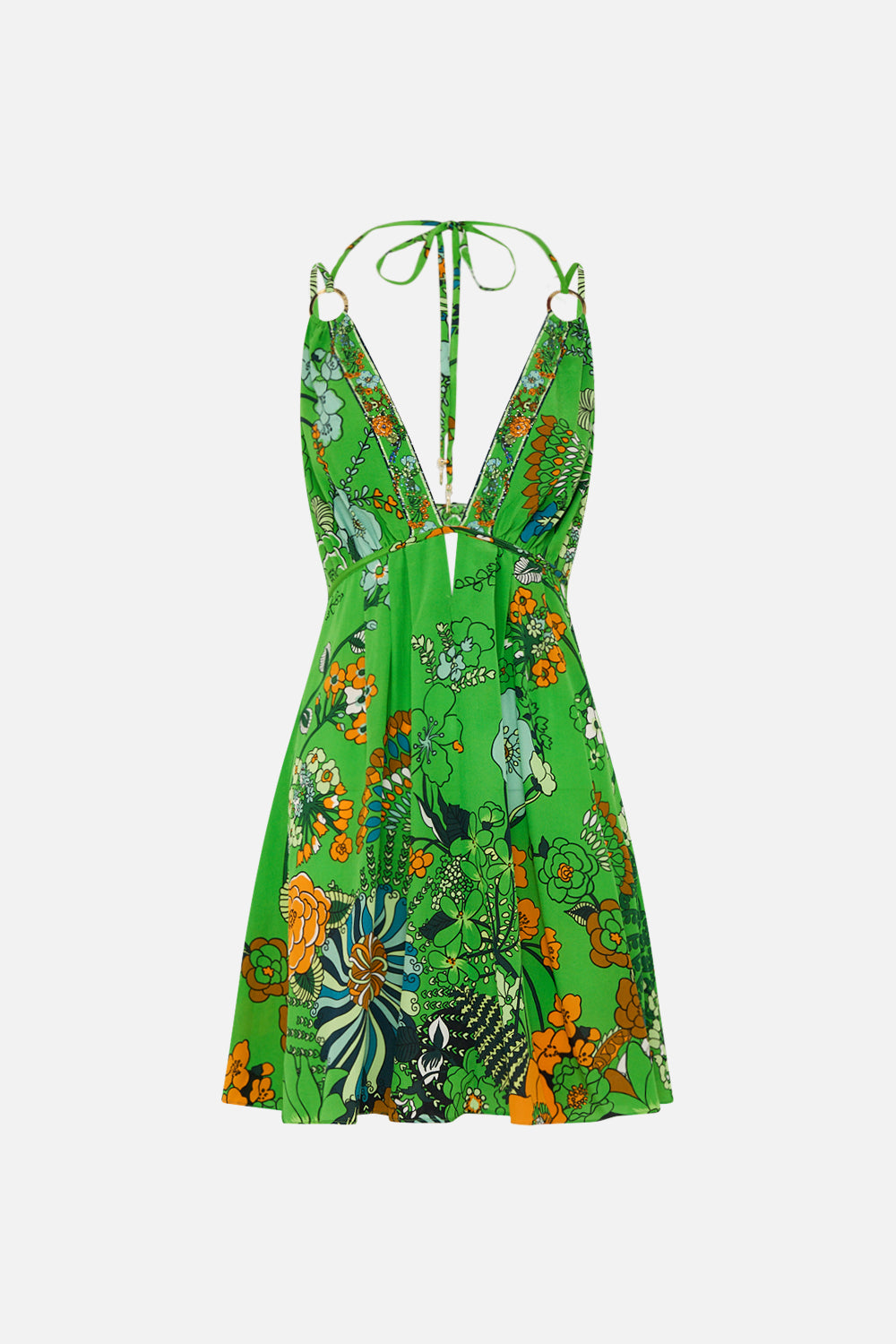 CAMILLA Green Short Flared Dress with Hardware in Good Vibes Generation print