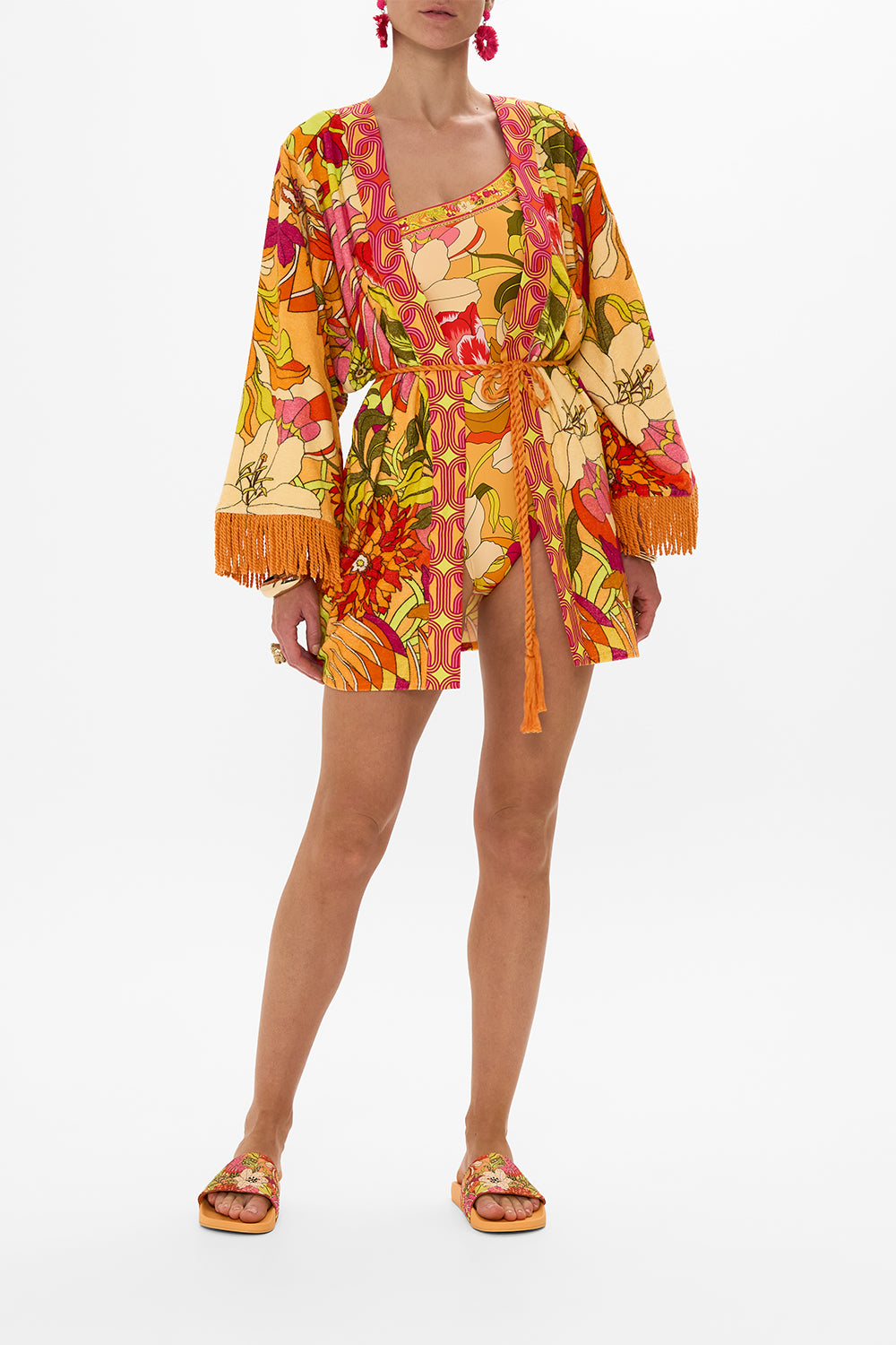 CAMILLA Floral Short Kimono Wrap in The Flower Child Society print