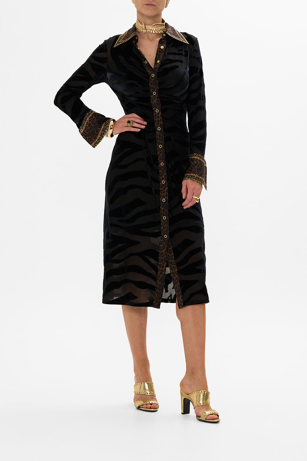 CAMILLA leopard stretch velvet animal shirt dress in Amsterglam print.