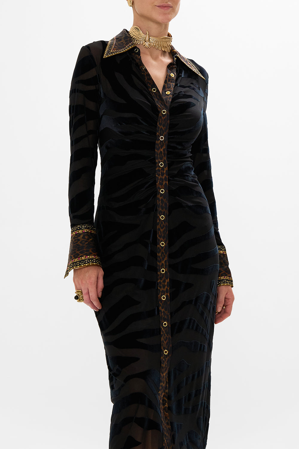 CAMILLA leopard stretch velvet animal shirt dress in Amsterglam print.