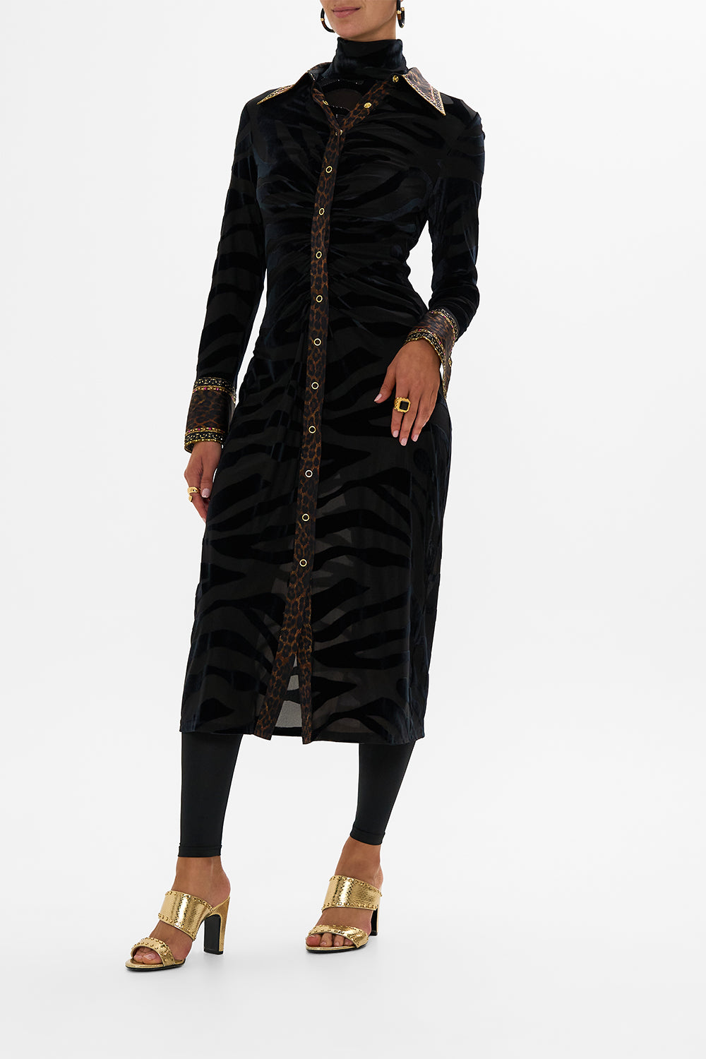 CAMILLA leopard stretch velvet animal shirt dress in Amsterglam print.