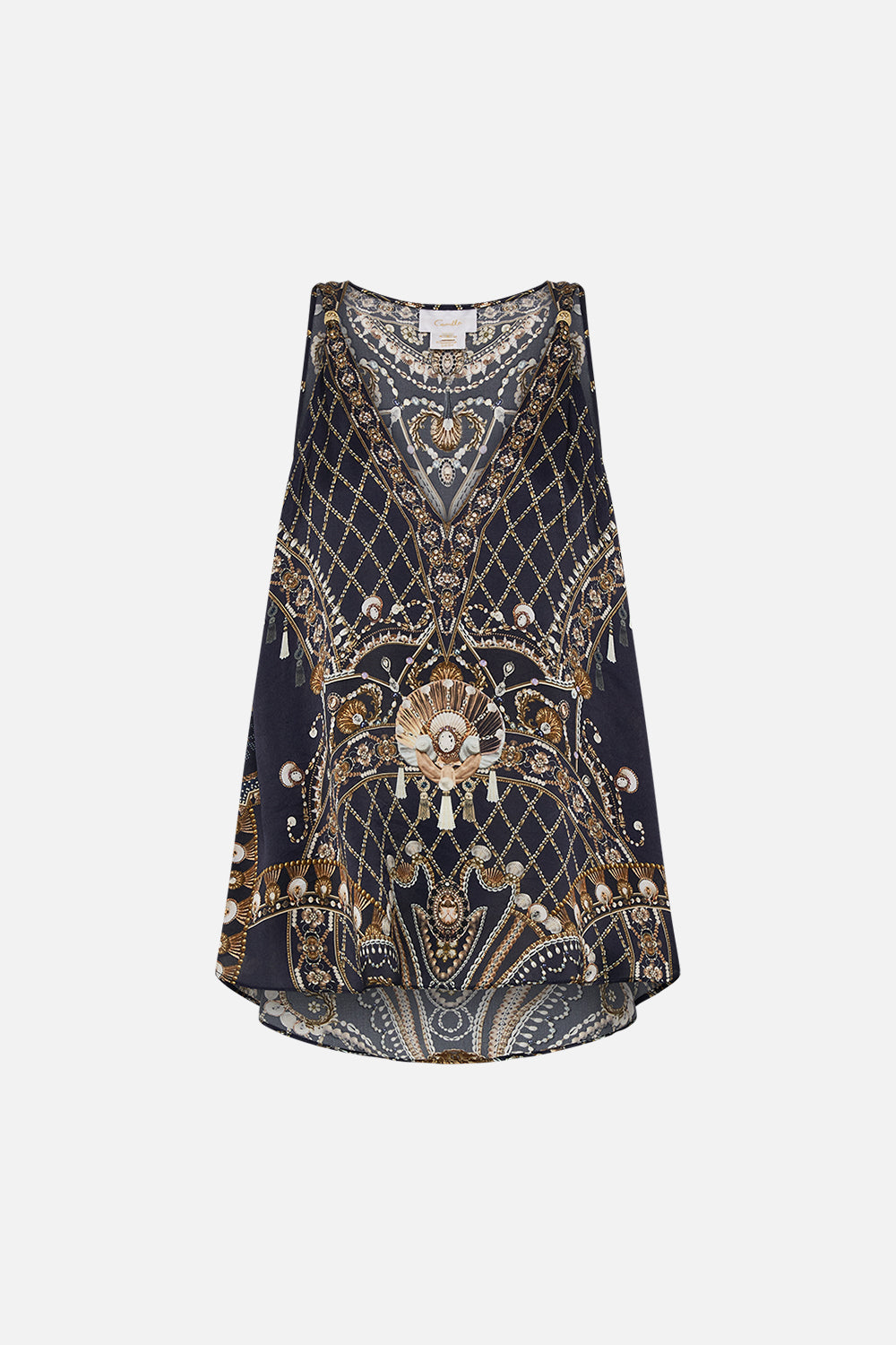 CAMILLA Gold Tank Top with Strap Bead Detail in Dance with the Duke print