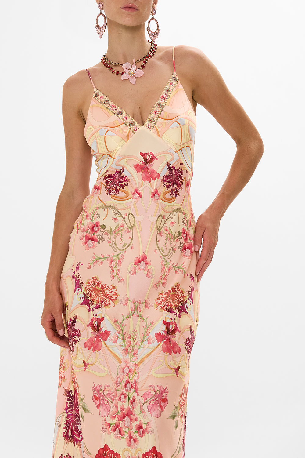 CAMILLA Floral V-Neck Full Length Bias Slip Dress in Blossoms and Brushstrokes
