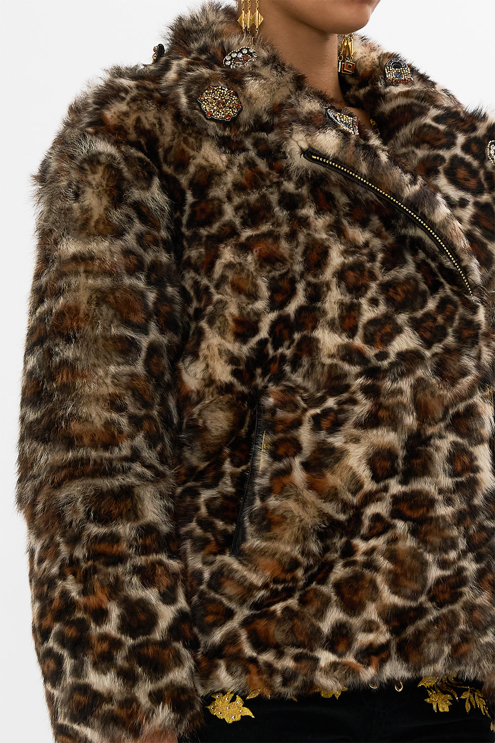 CAMILLA Leopard Oversized Fur Biker Jacket in Born in Bruges