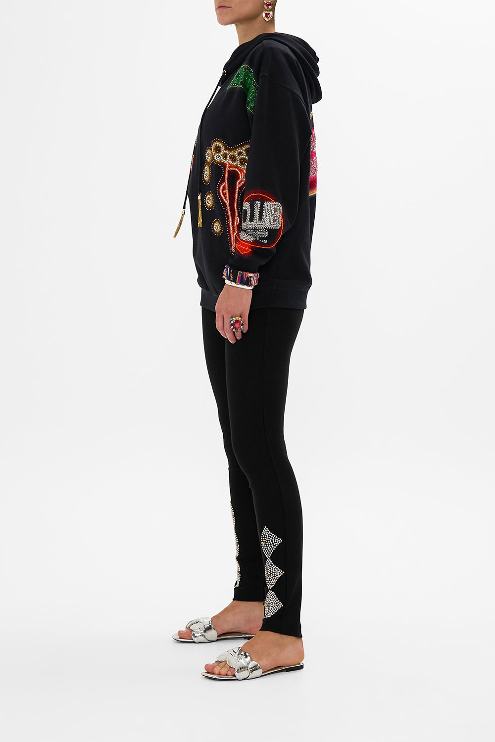 CAMILLA black  hoody with pockets in Electric Loveland print.