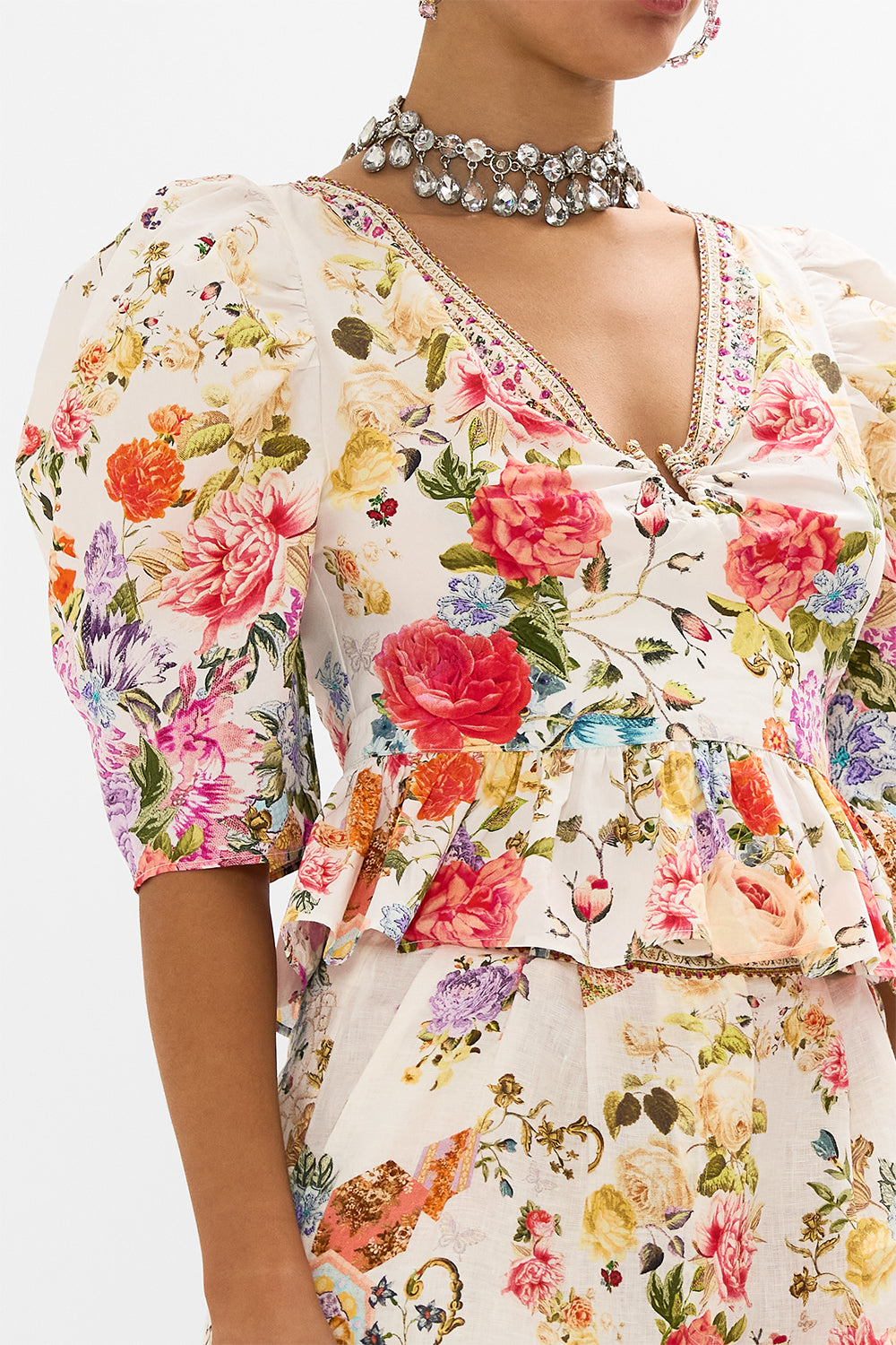 CAMILLA Floral Puff Sleeve Top with Hardware in Sew Yesterday