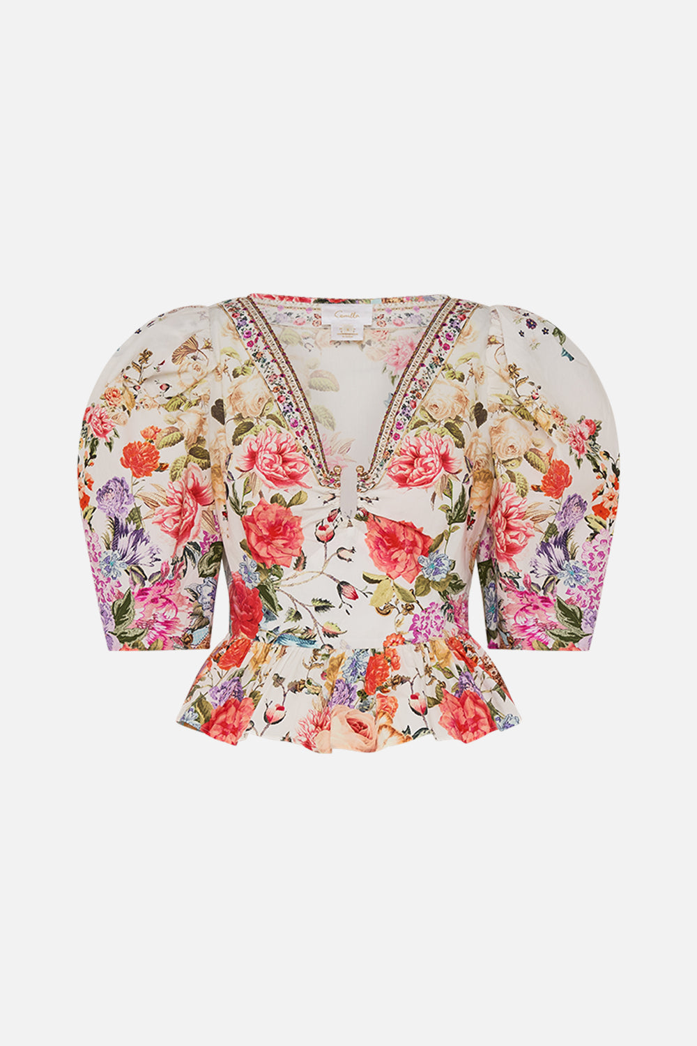 CAMILLA Floral Puff Sleeve Top with Hardware in Sew Yesterday