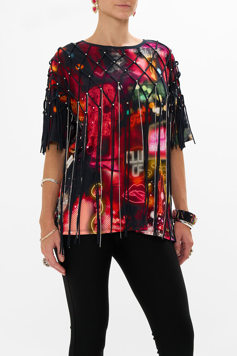 CAMILLA black oversized band tee with embellished overlay in Electric Loveland print.