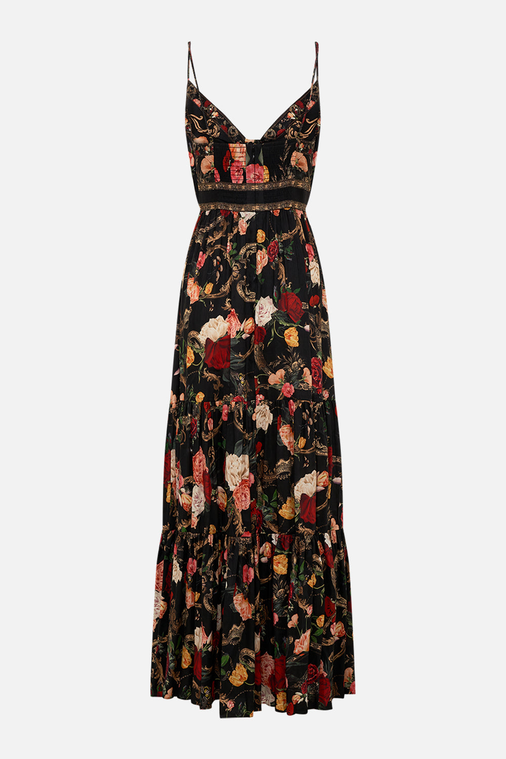 CAMILLA black floral print silk maxi dress in Magic In The Manuscripts print