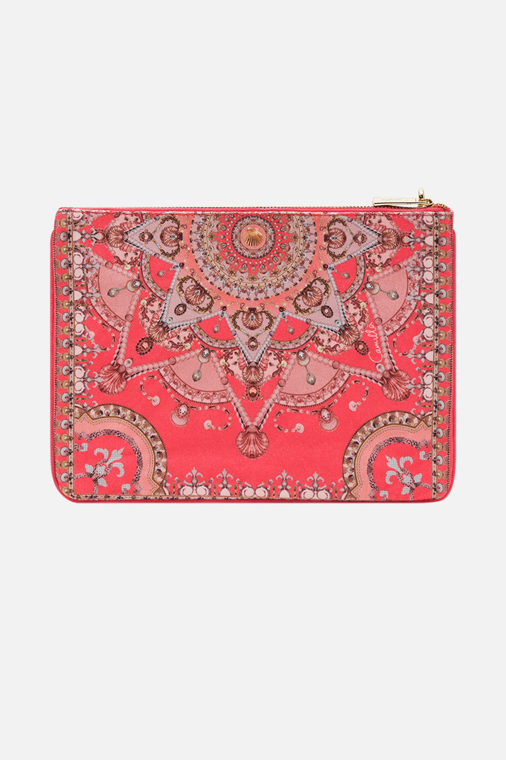 CAMILLA pink small canvas clutch in Shell Games