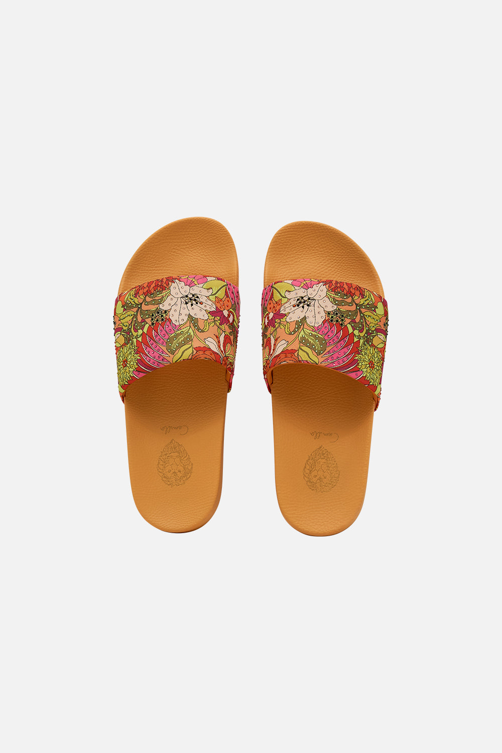 CAMILLA floral Amelia pool slides in The Flower Child Society