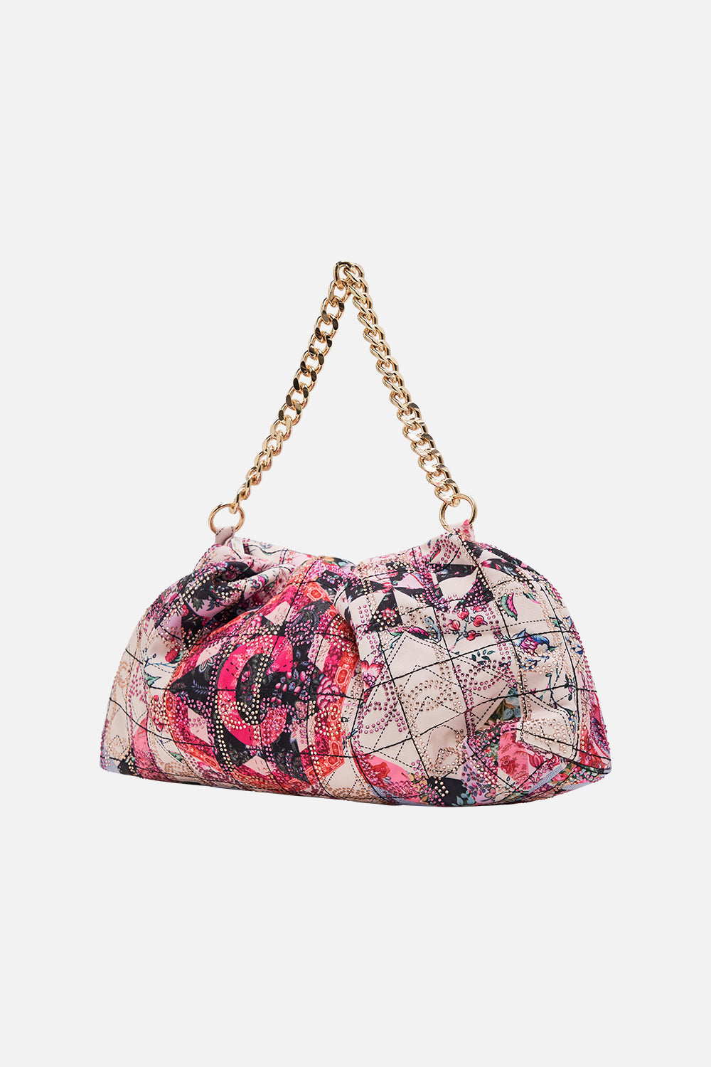 CAMILLA floral oversized clutch with chain in Patchwork Poetry