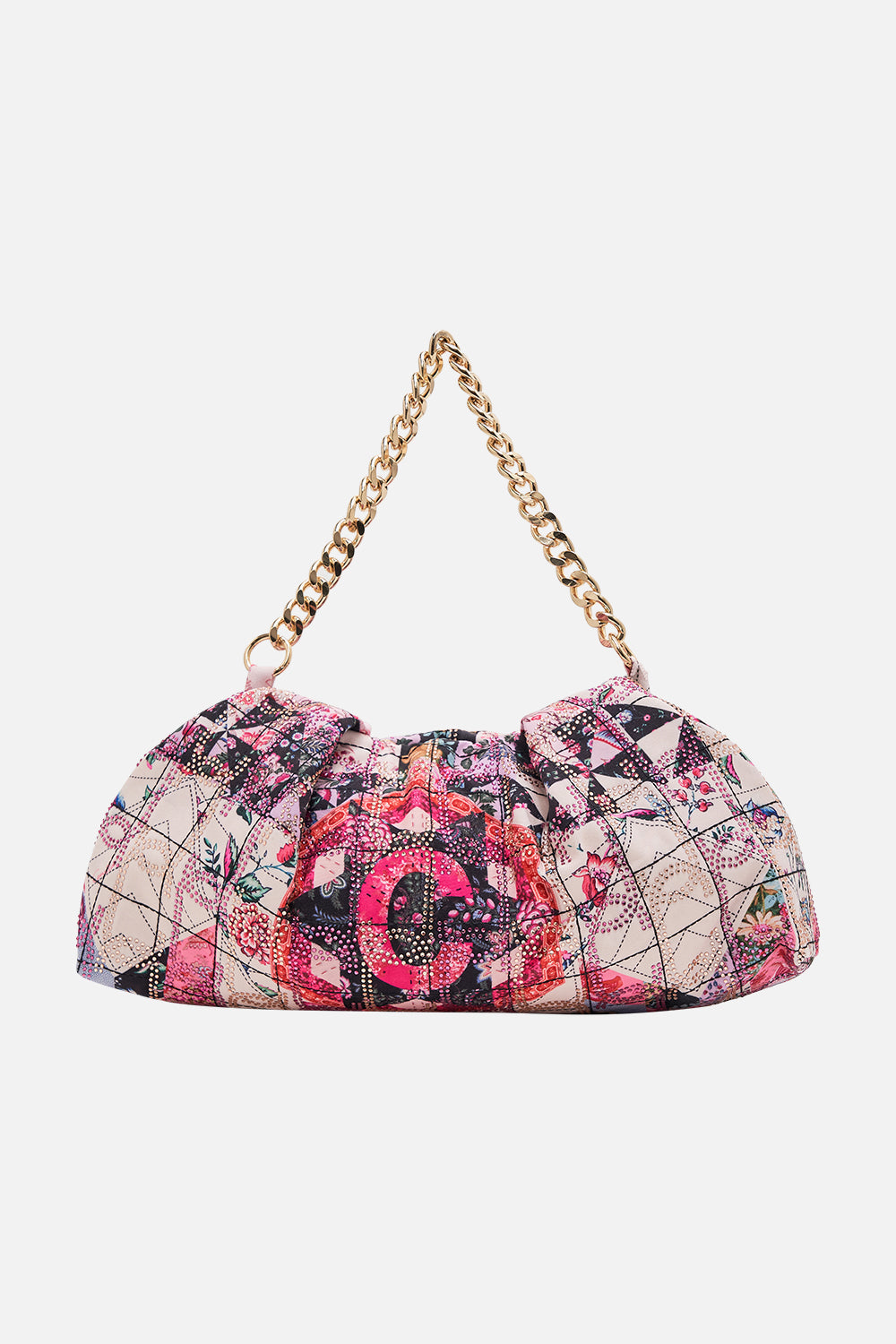 CAMILLA floral oversized clutch with chain in Patchwork Poetry