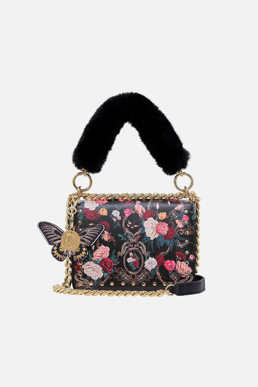 CAMILLA floral crossbody with fur strap in Magic in the Manuscripts