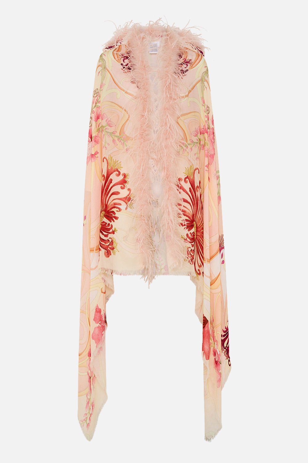CAMILLA Floral Feather Trim Shawl in Blossoms and Brushstrokes print