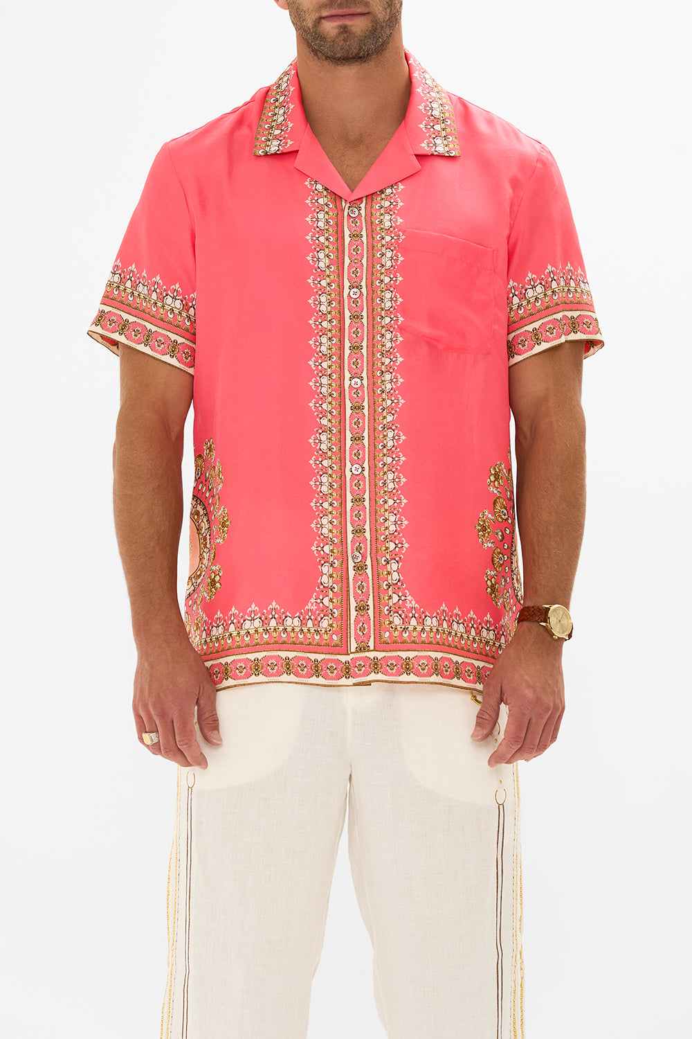 CAMILLA pink short sleeve camp collared shirt in Shell Games