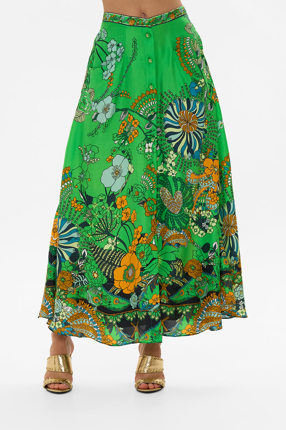 CAMILLA green button through skirt in Good Vibes Generation print.
