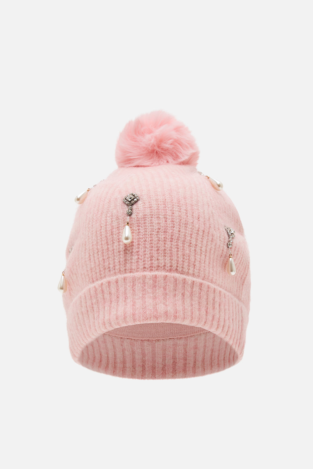 CAMILLA pink embellished beanie in Solid Pink