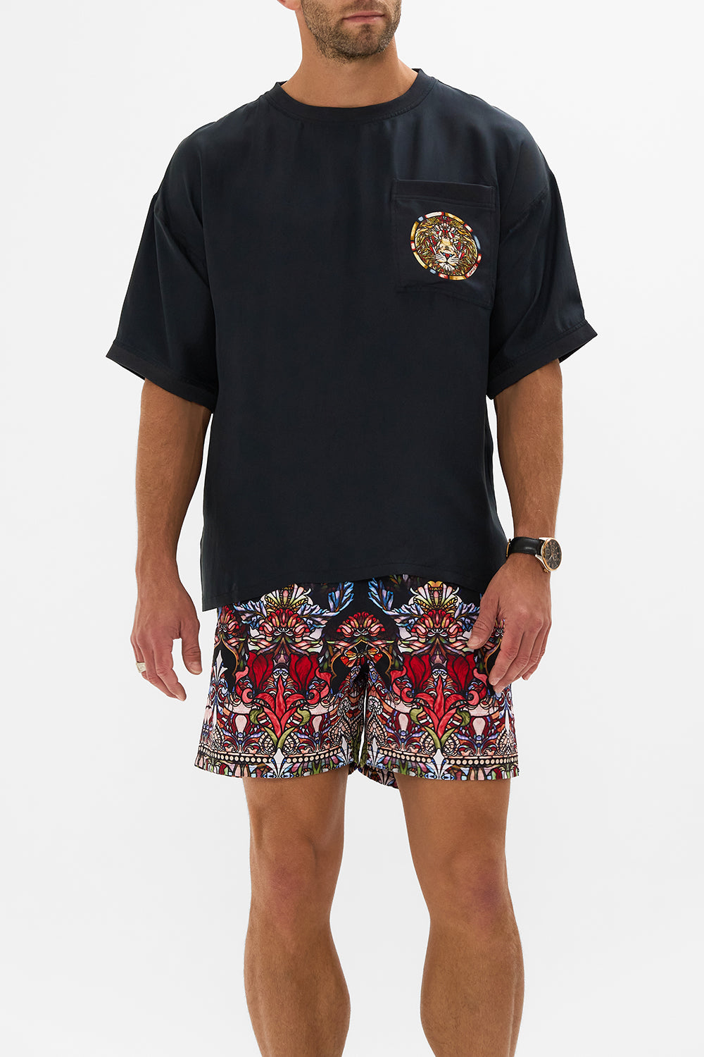 Hotel Franks by CAMILLA black men's woven t-shirt in Leadlight Legends