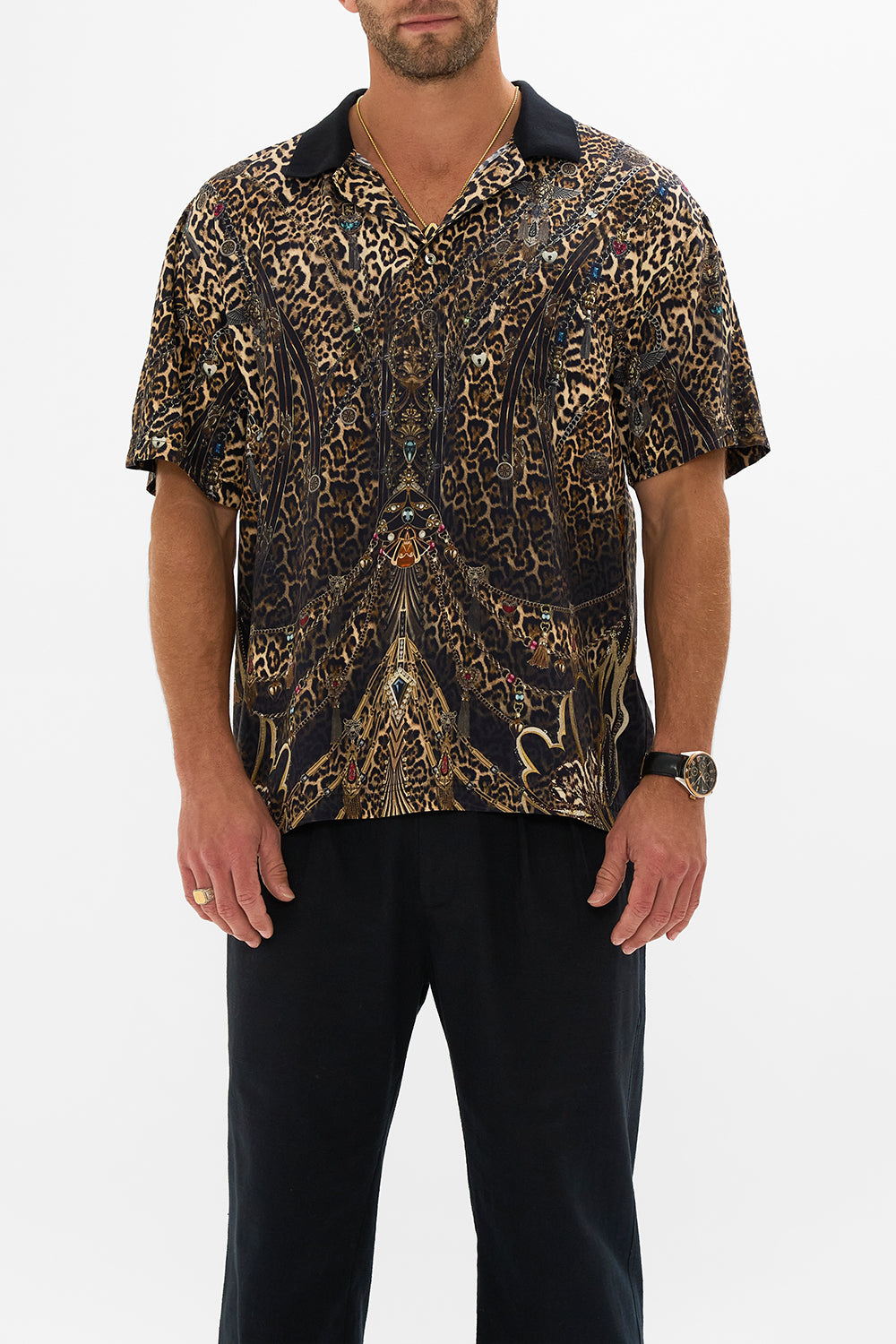 Hotel Franks by CAMILLA leopard relaxed fit woven polo shirt in Amsterglam