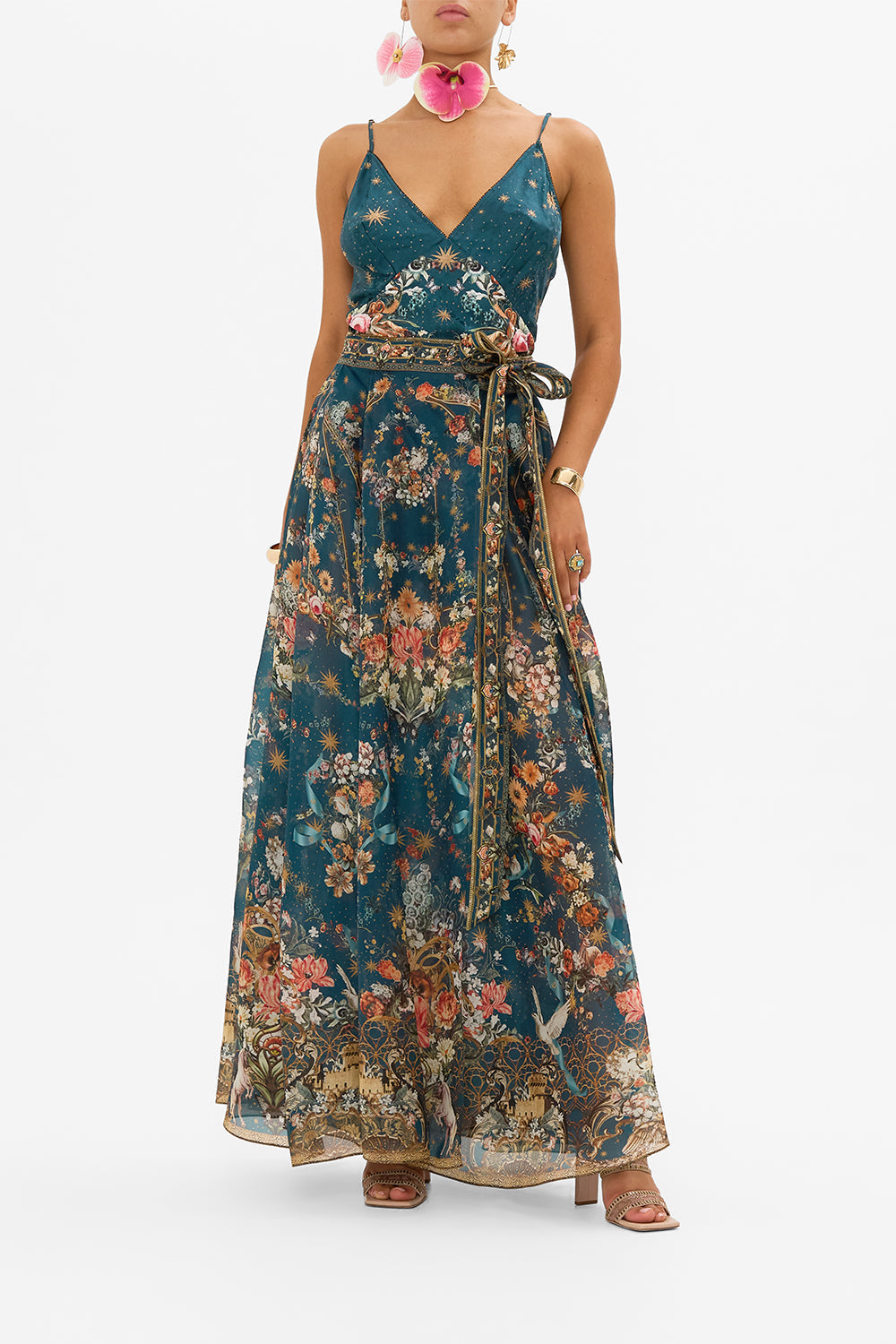 CAMILLA organza maxi dress in She Who Wears A Crown print