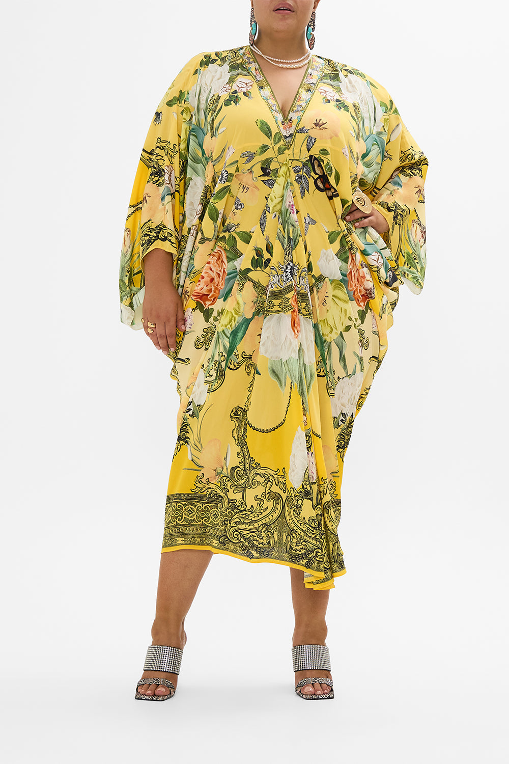 CAMILLA yellow T Shape Long Kaftan in Paths of Gold