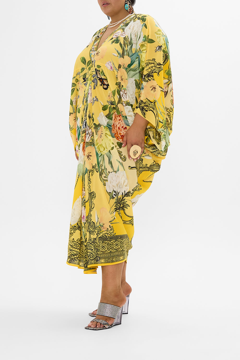 CAMILLA yellow T Shape Long Kaftan in Paths of Gold