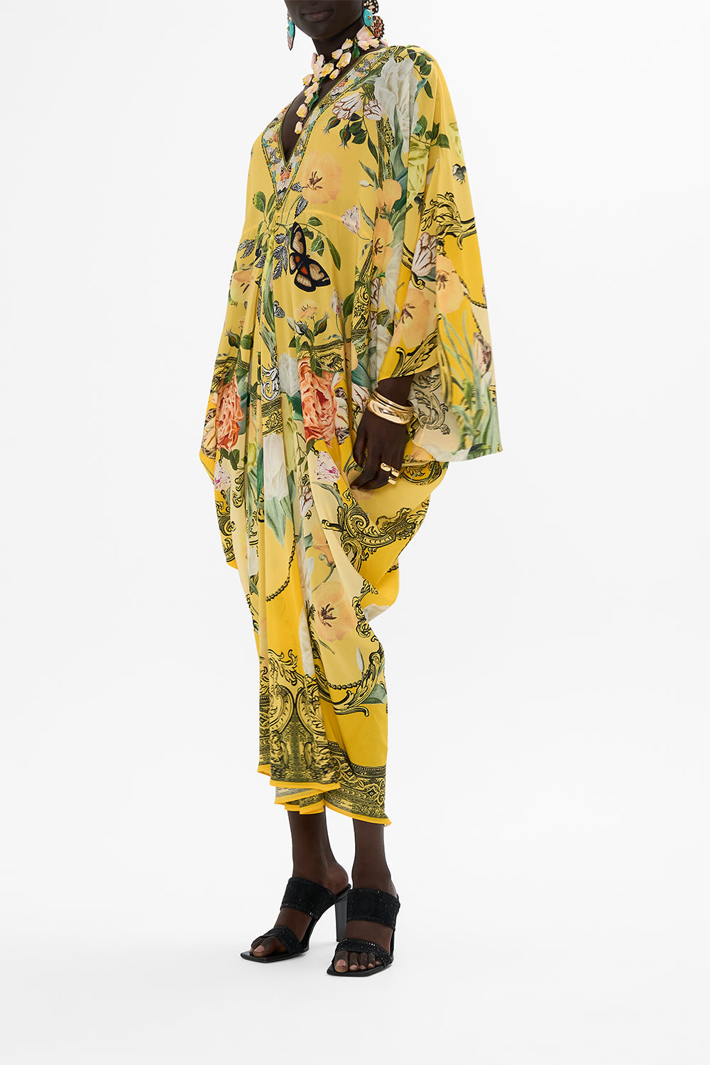 CAMILLA yellow T Shape Long Kaftan in Paths of Gold