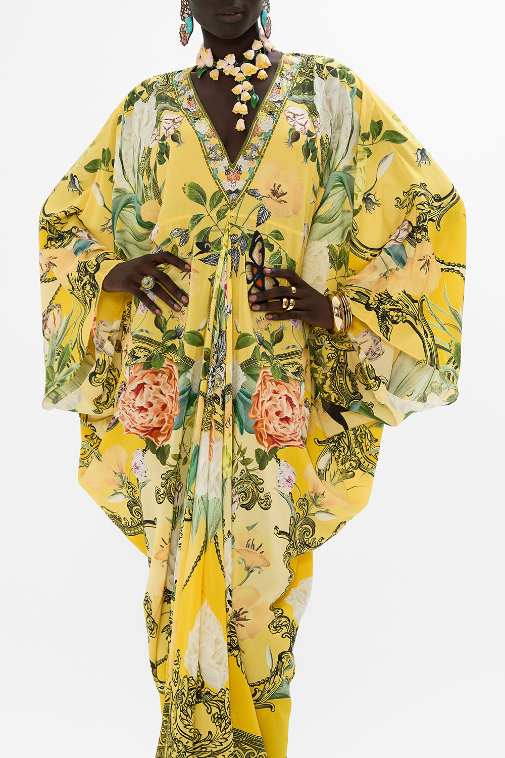 CAMILLA yellow T Shape Long Kaftan in Paths of Gold