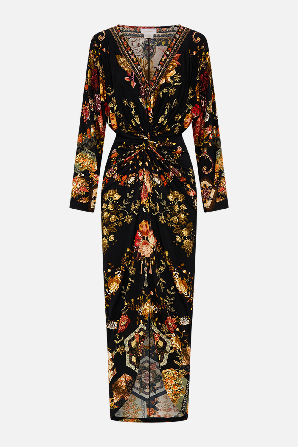 CAMILLA multicolor long split-front twist dress in Stitched In Time print.