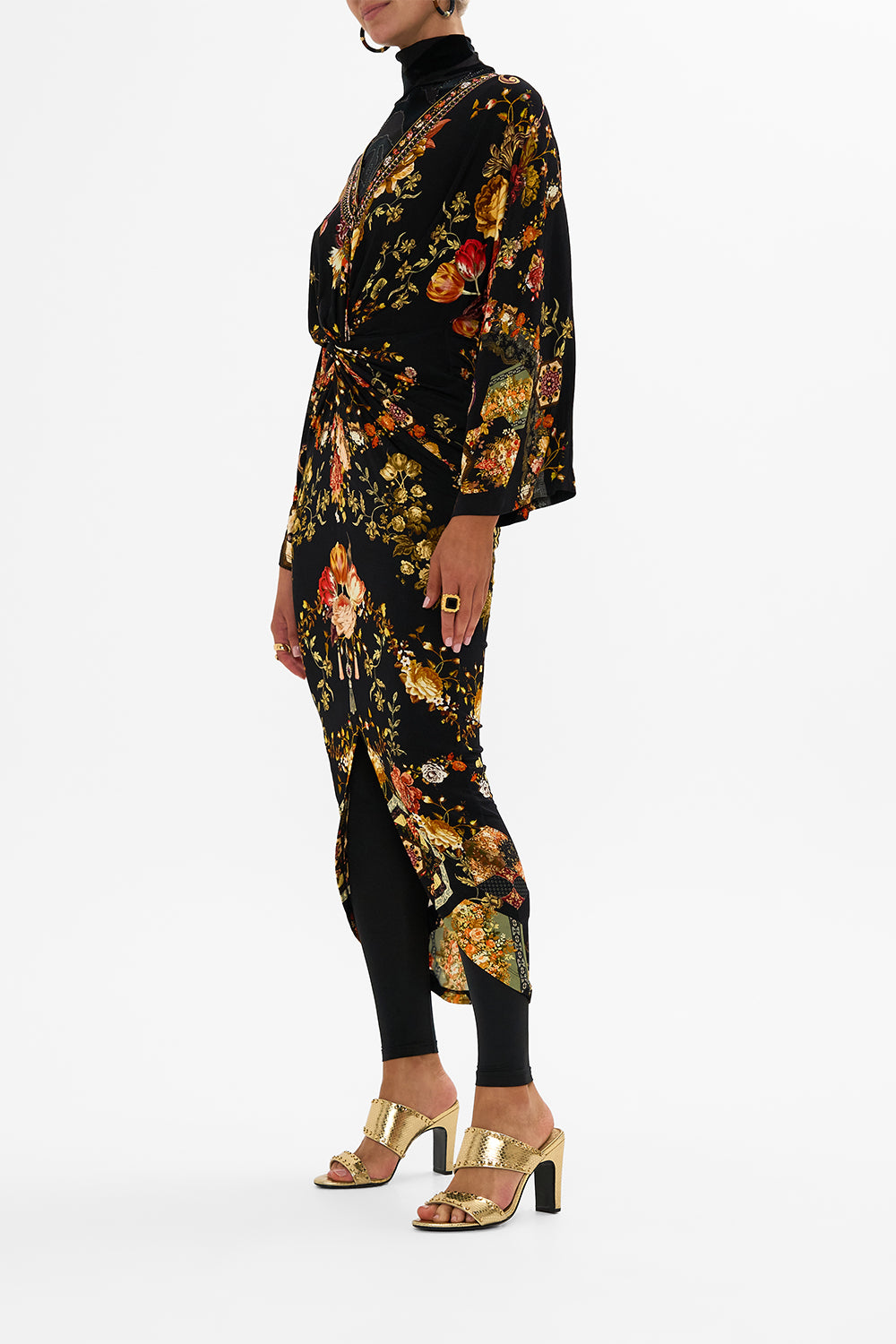 CAMILLA multicolor long split-front twist dress in Stitched In Time print.