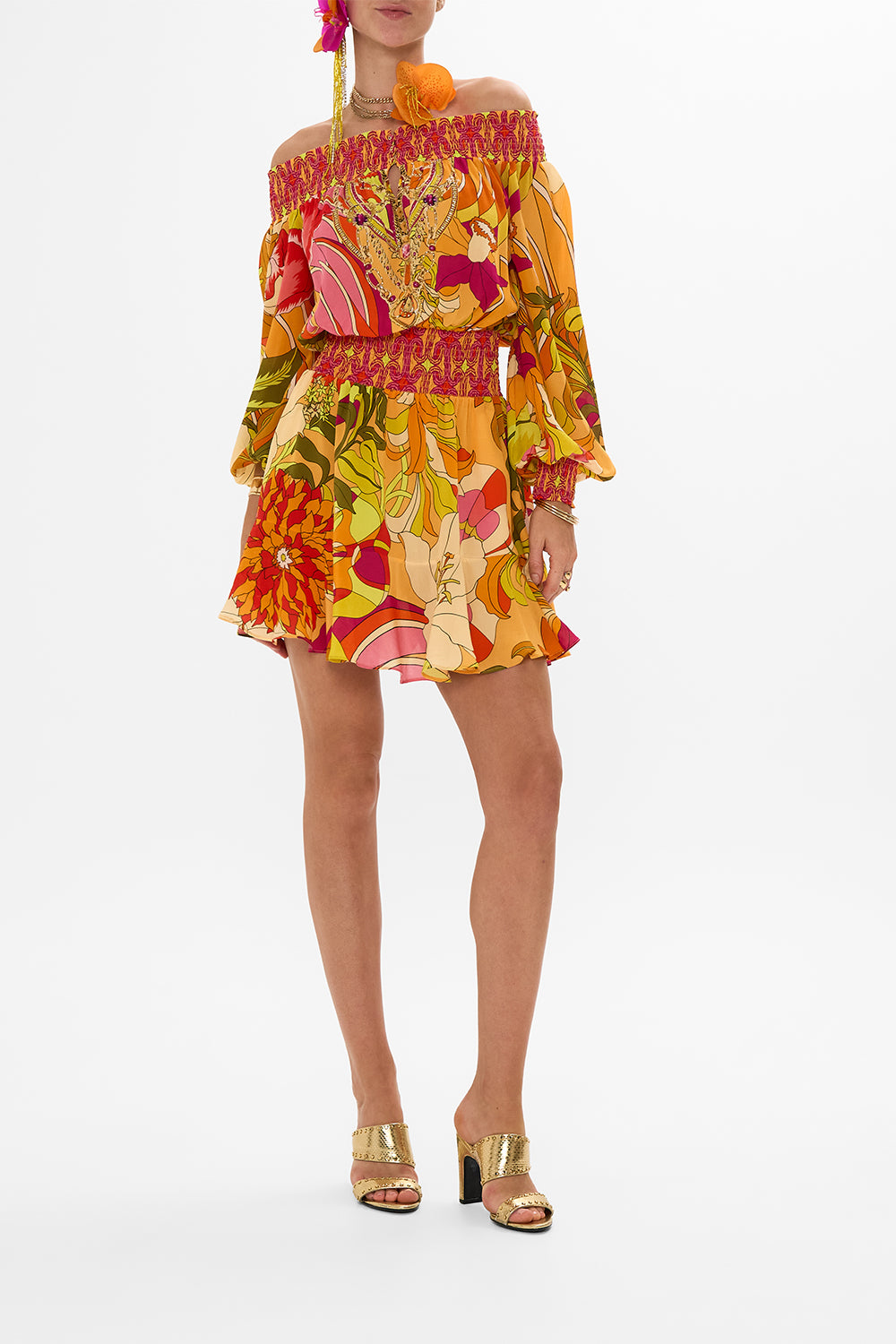 CAMILLA Floral Off Shoulder Short Dress in The Flower Child Society print