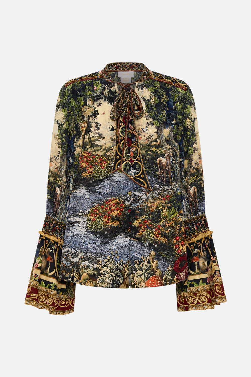 CAMILLA Black Elastic Sleeve Tie Front Blouse in Tapestry Totems print