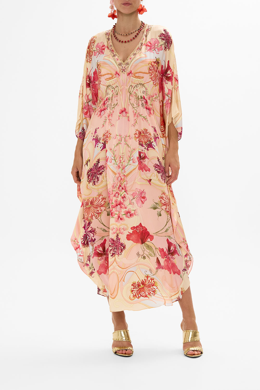 CAMILLA Floral Gathered Waist Kaftan in Blossoms and Brushstrokes print