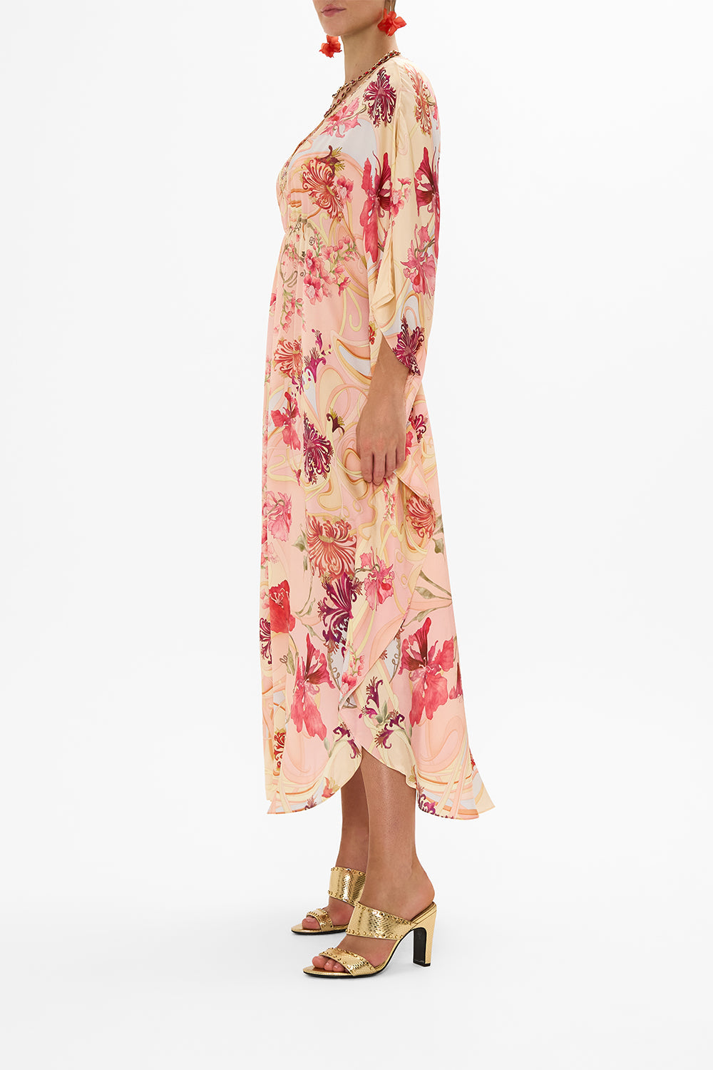 CAMILLA Floral Gathered Waist Kaftan in Blossoms and Brushstrokes print