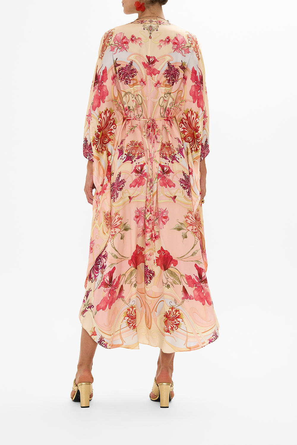 CAMILLA Floral Gathered Waist Kaftan in Blossoms and Brushstrokes print