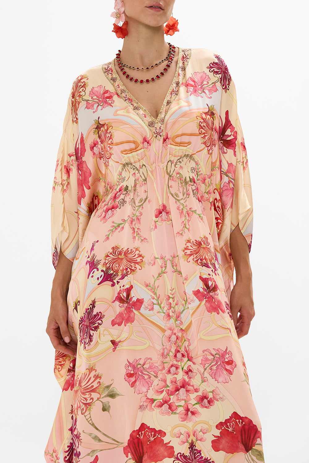 CAMILLA Floral Gathered Waist Kaftan in Blossoms and Brushstrokes print