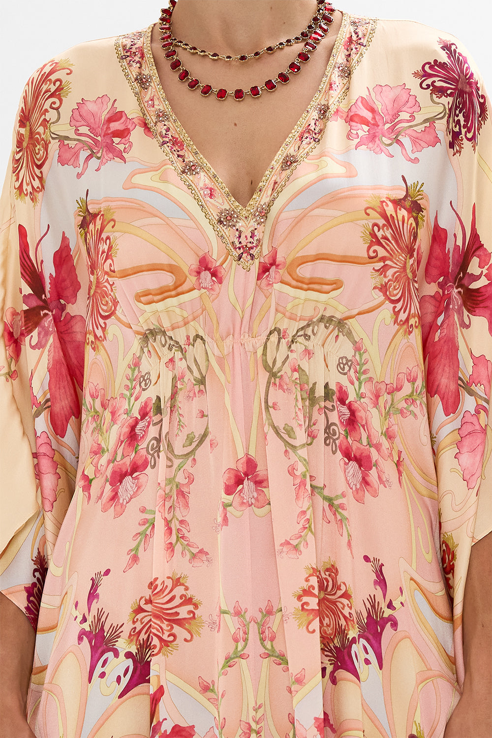 CAMILLA Floral Gathered Waist Kaftan in Blossoms and Brushstrokes print