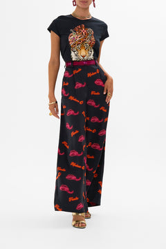 CAMILLA black wide leg waisted pant in Electric Loveland print