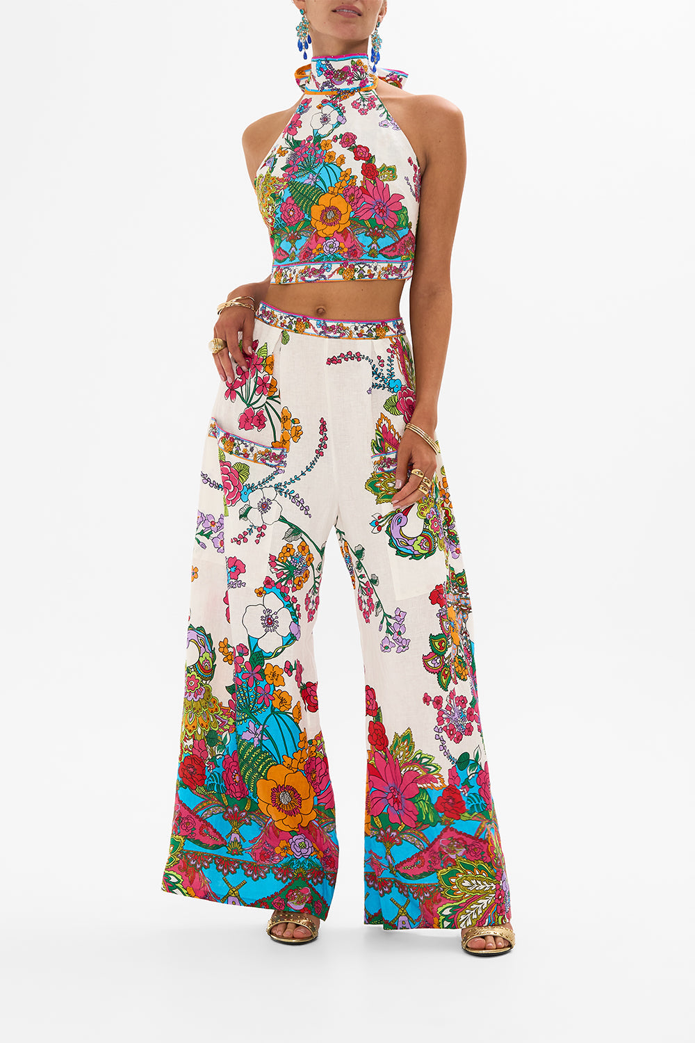 CAMILLA retro floral wide leg trouser with front pockets in Cosmic Prairie print.