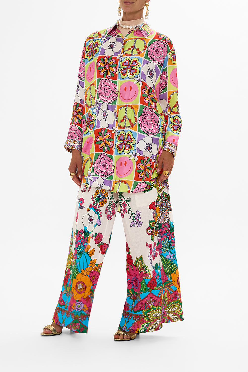 CAMILLA retro floral wide leg trouser with front pockets in Cosmic Prairie print.