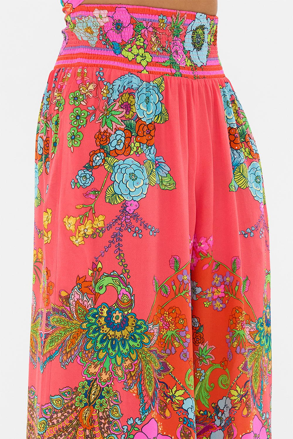 CAMILLA pink shirred waist pant in Windmills And Wildflowers print.