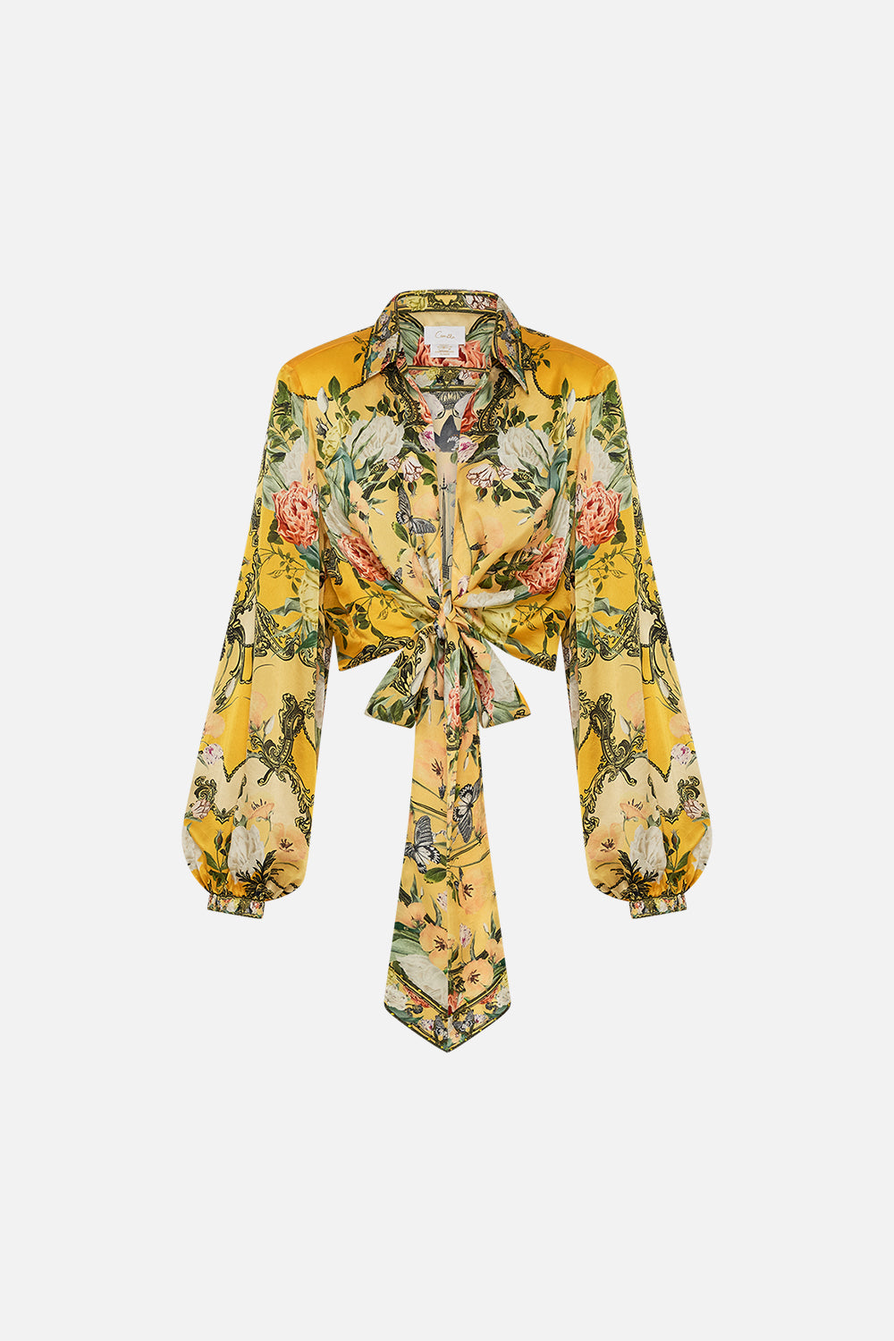 CAMILLA gold cropped wrap shirt in Paths Of Gold print.