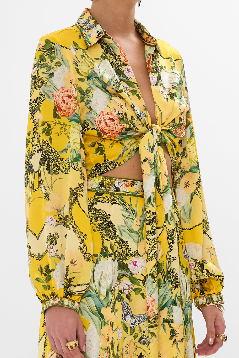 CAMILLA gold cropped wrap shirt in Paths Of Gold print.