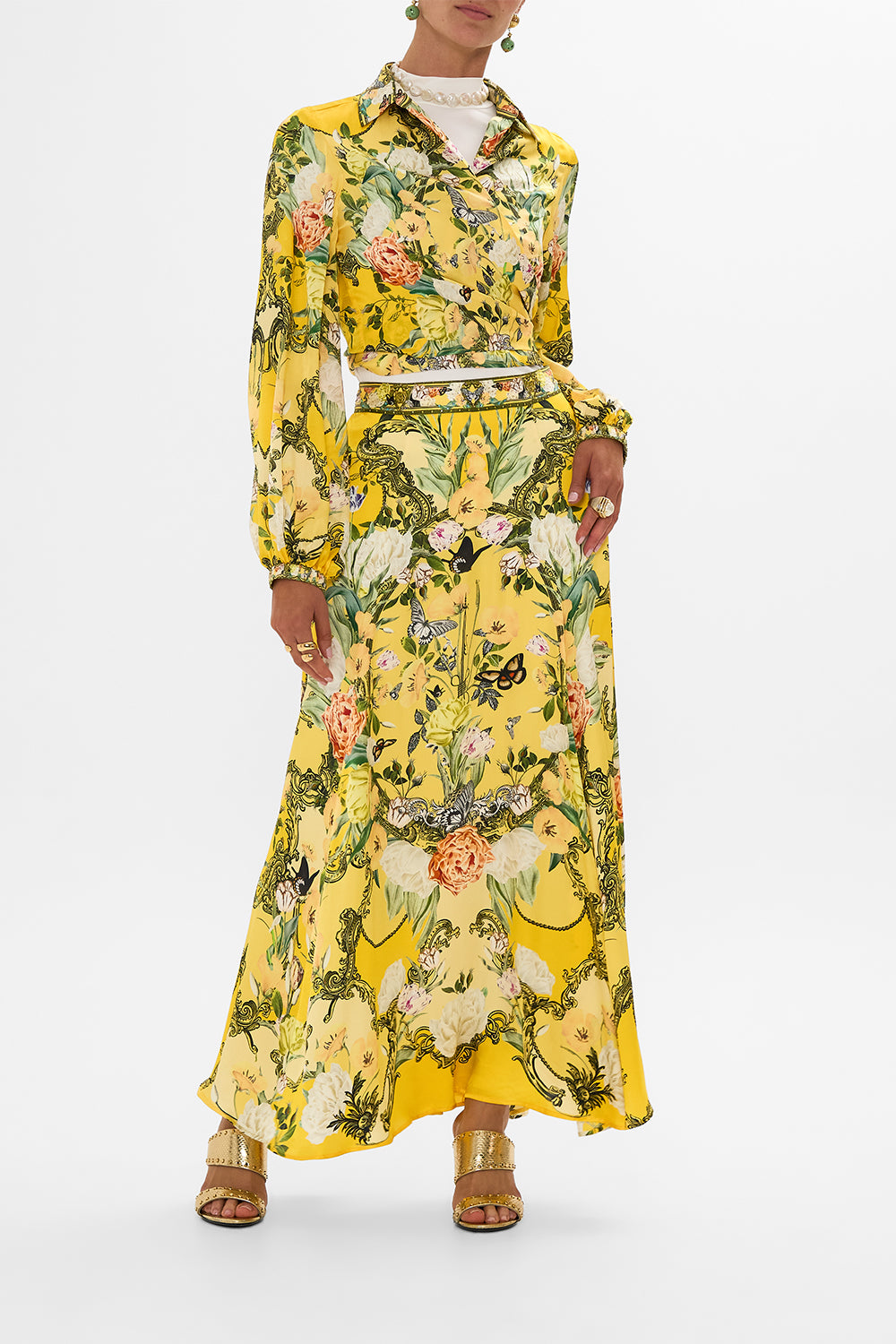 CAMILLA yellow floral panel flared maxi skirt in Paths Of Gold print